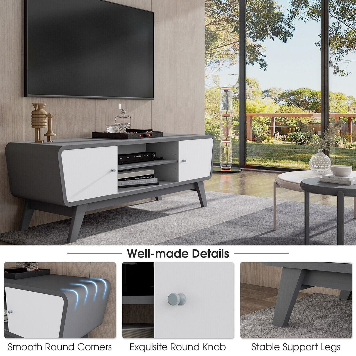 Sliding Door TV Stand with Adjustable Shelf for TVs up to 55 Inch