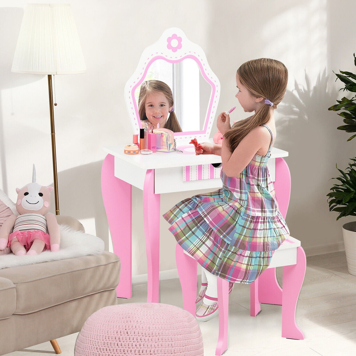 Set de tocador 2 en 1 para niños pequeños con tapa desmontable y bonitos estampados de flores - Blanco
