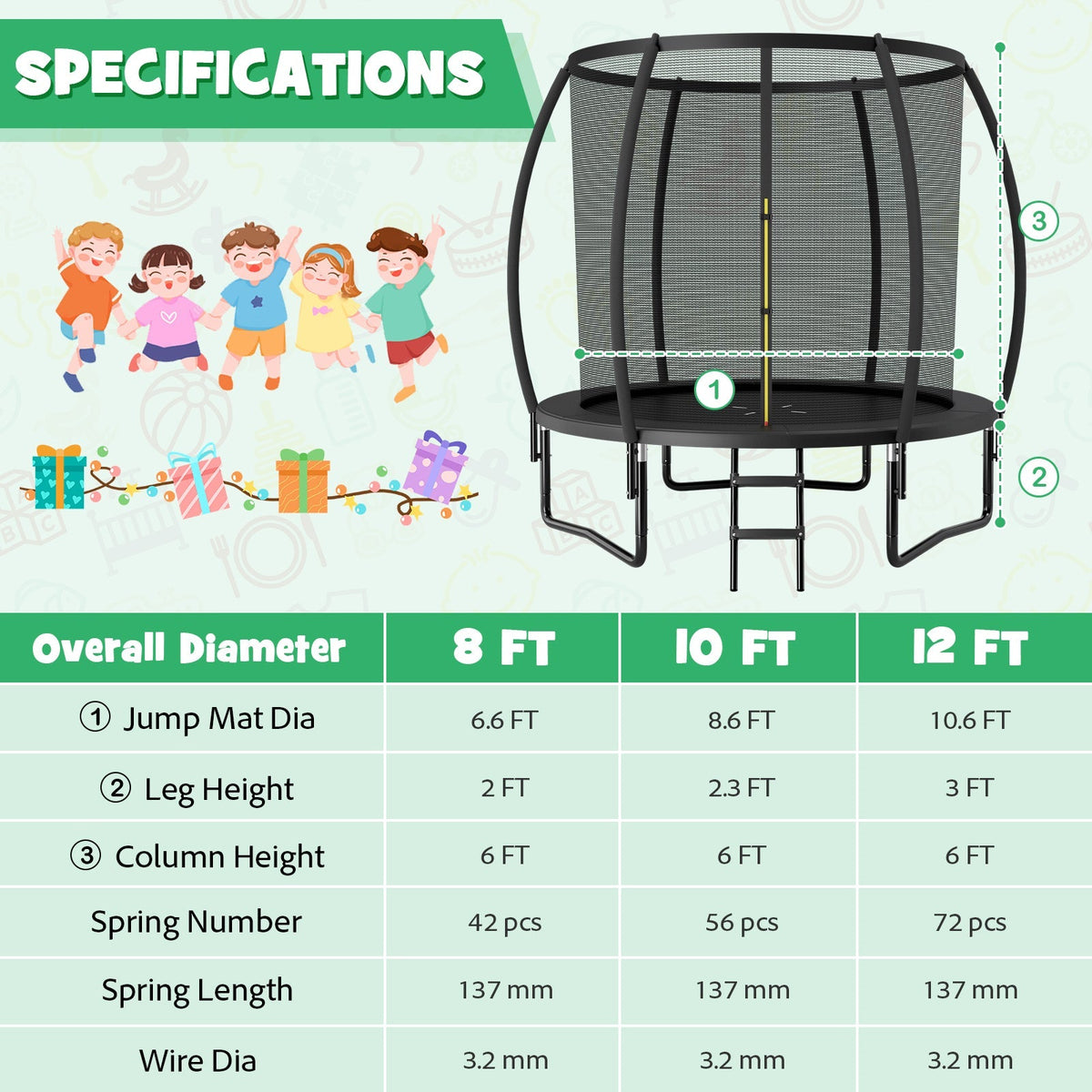 8 Feet ASTM Approved Recreational Trampoline with Ladder-Blue