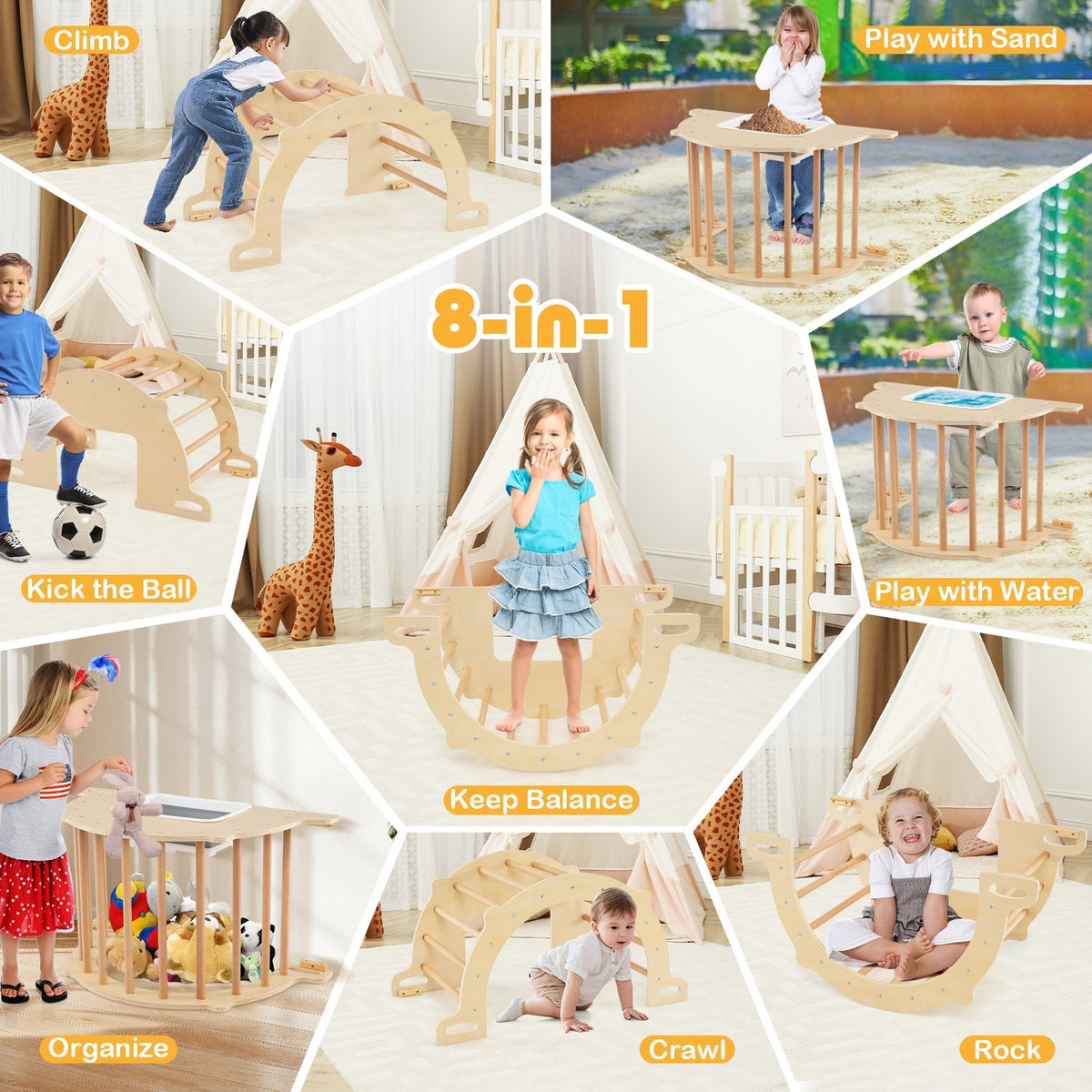 8 in 1 Climbing Arch Sensory Table for Kids with Collapsible Storage Bin for 3+ Years Old-Natural