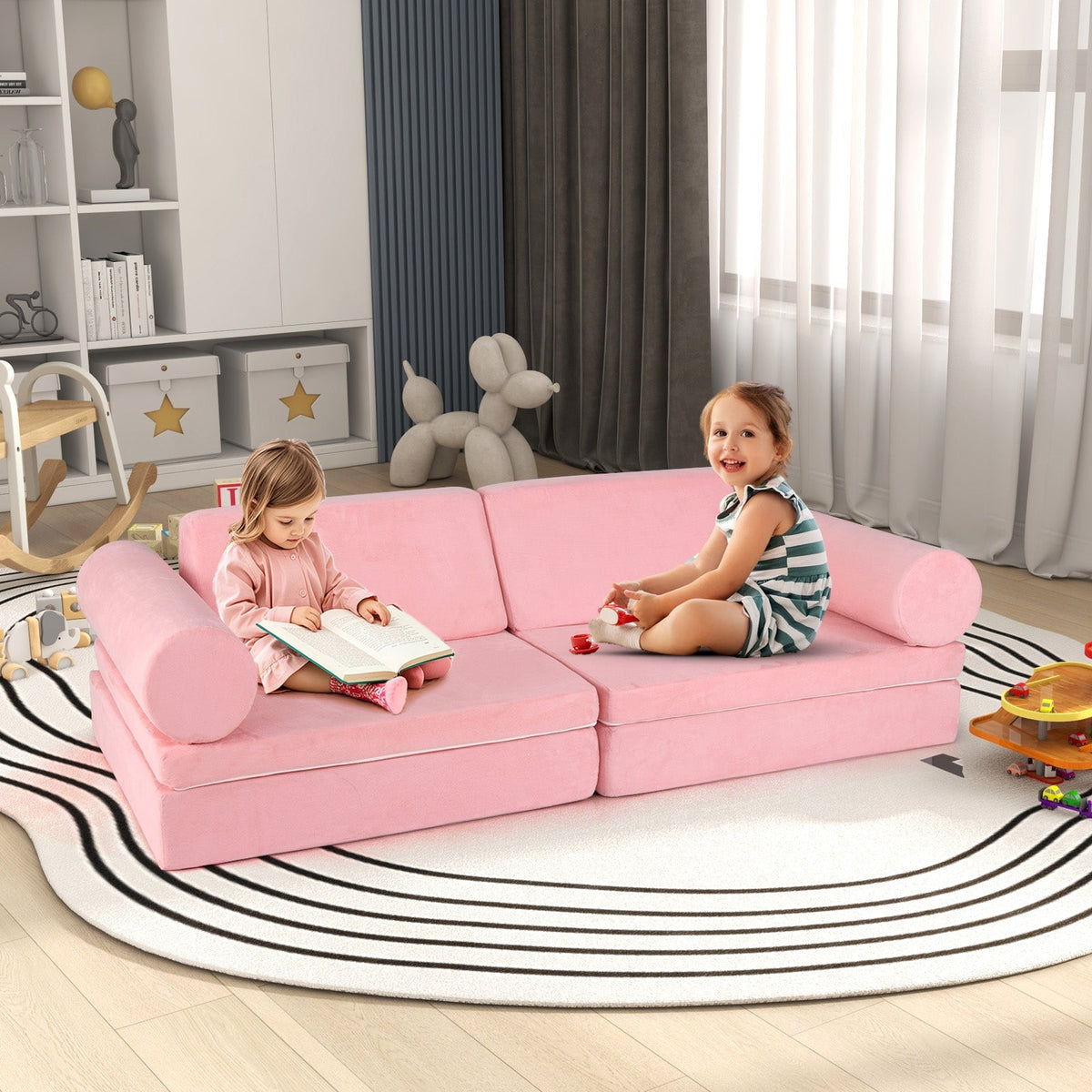 Juego de construcción de fuerte de espuma para niños de 8 piezas con funda de gamuza - Rosa