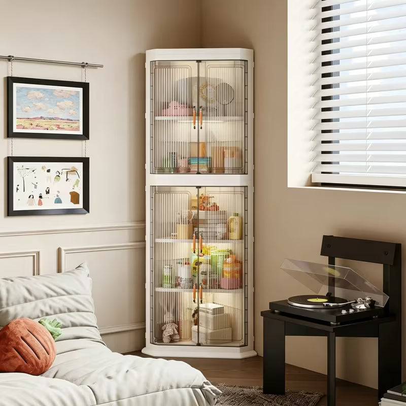 3-Tier Foldable Stackable Corner Storage Cabinet with Transparent Doors