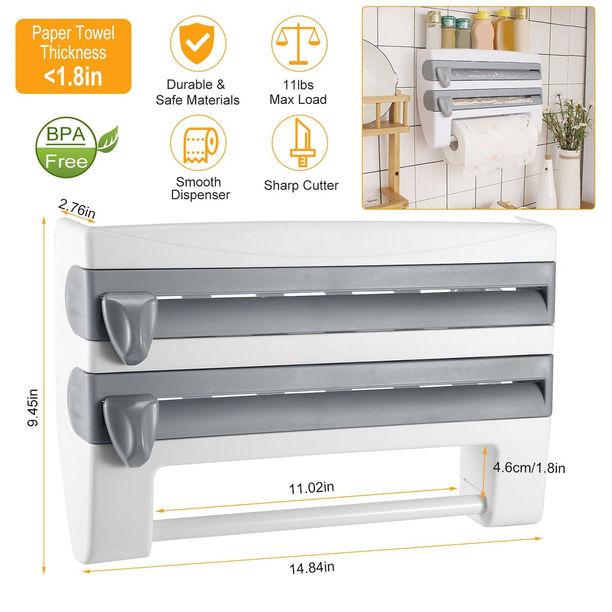 Kitchen Roll Dispenser Paper Roll Holder Plastic Wrap Film Foil Paper Organizer w/ Cutter Wall Mounted for Kitchen Bathroom