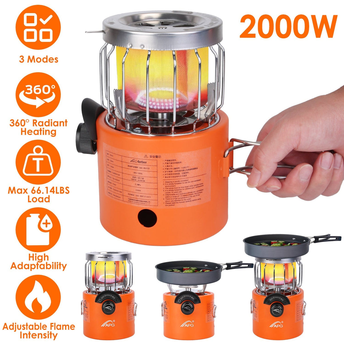 2000W 2 In 1 Camping Stove Tent Heater Outdoor Gas Stove Portable Backpacking Stove with 3 Modes 360¡ Radiant Heating for Camping Hiking Picnic BBQ
