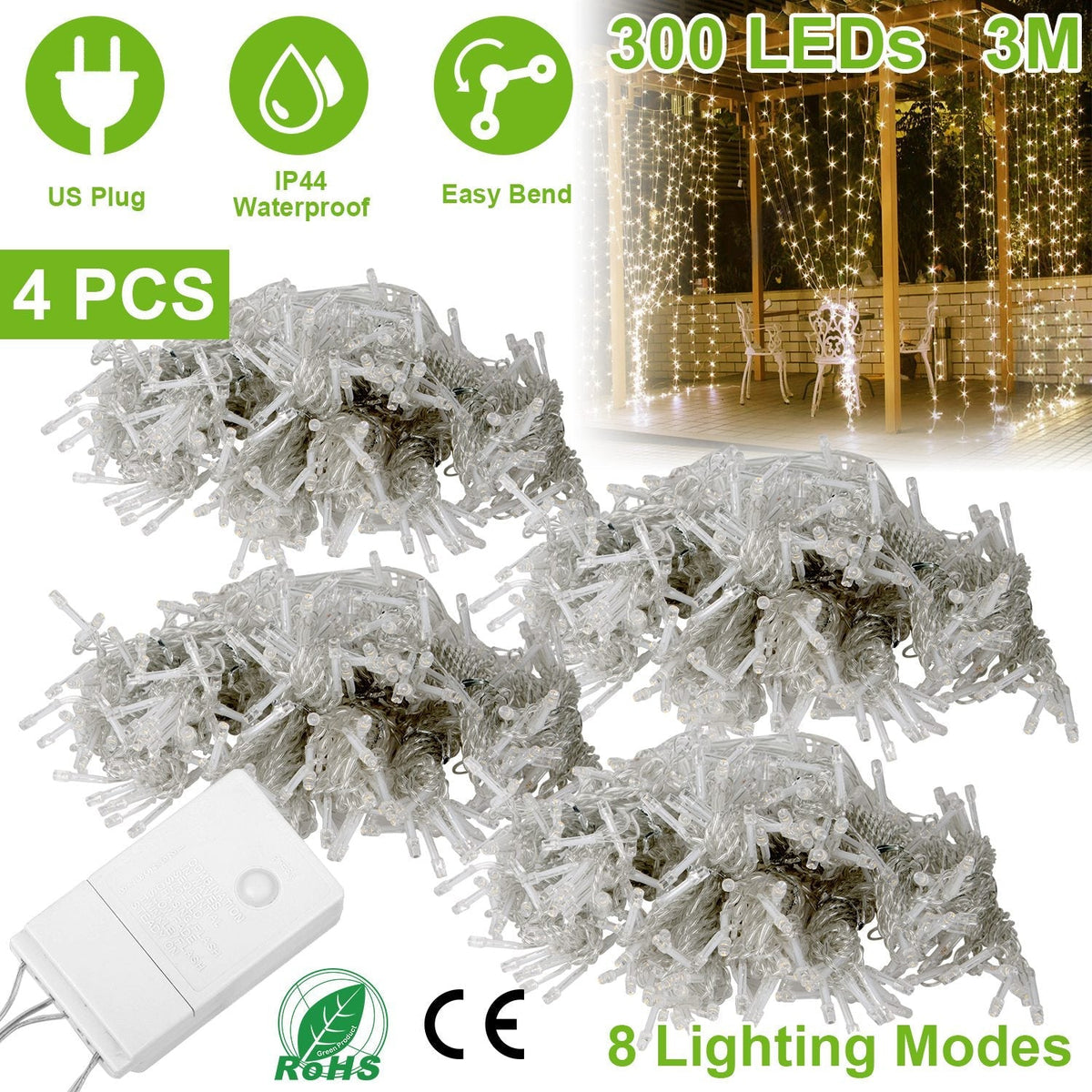 3M 300 LEDs String Curtain Light IP44 String Fairy Lights Party Xmas Decor Lamps W/ Remote