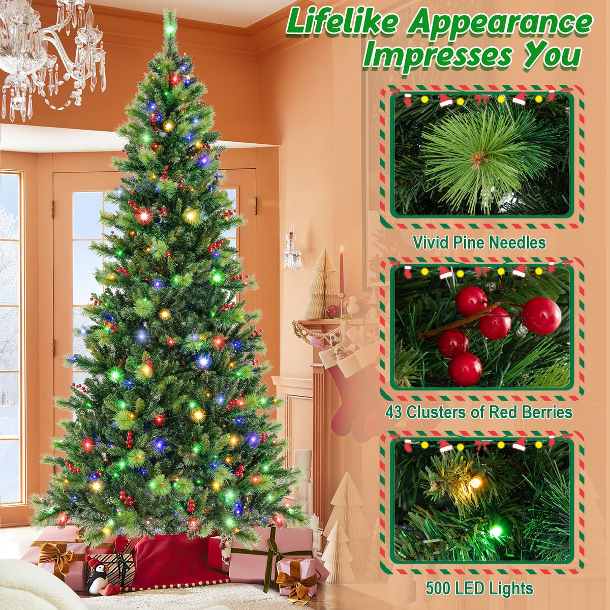 6/7/8 Feet Pre-Lit Artificial Christmas Tree with 300/400/500 LED Lights