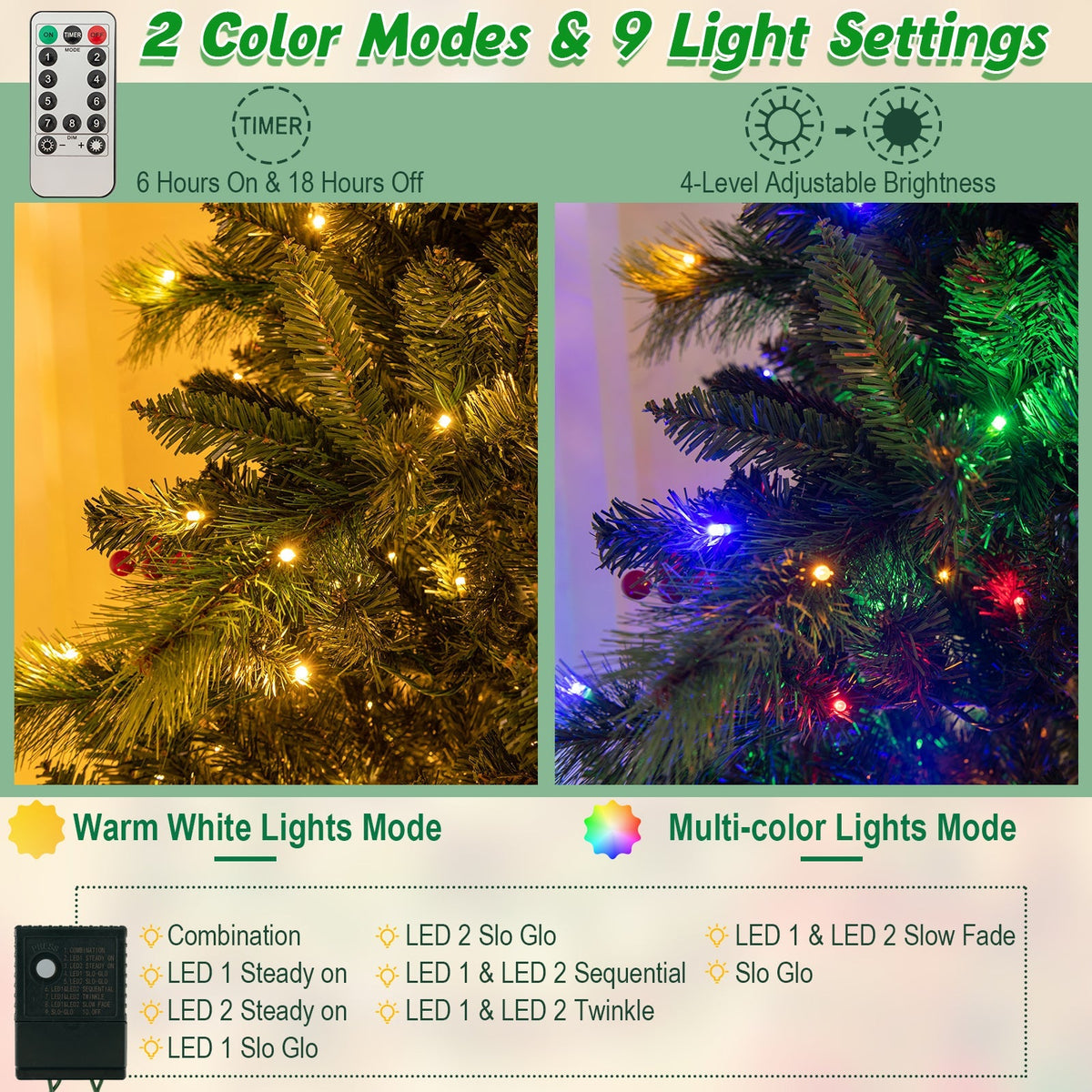 6/7/8 Feet Pre-Lit Artificial Christmas Tree with 300/400/500 LED Lights