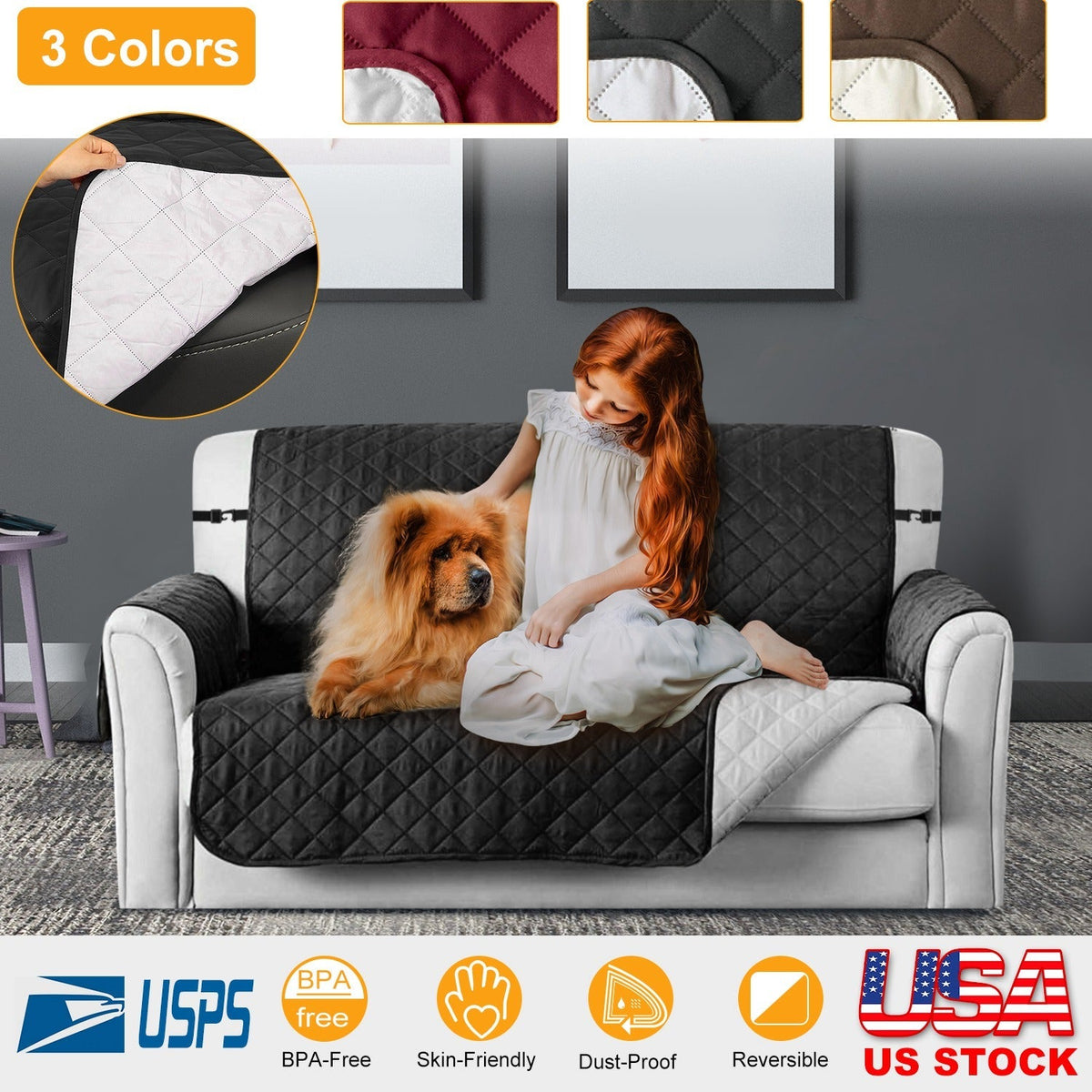 Reversible Sofa Cover Chair Loveseat Couch Slipcover Microfiber Cushion Furniture Protector Shield Water-Resistant w/ Elastic Strap for Kids Pet Dog C