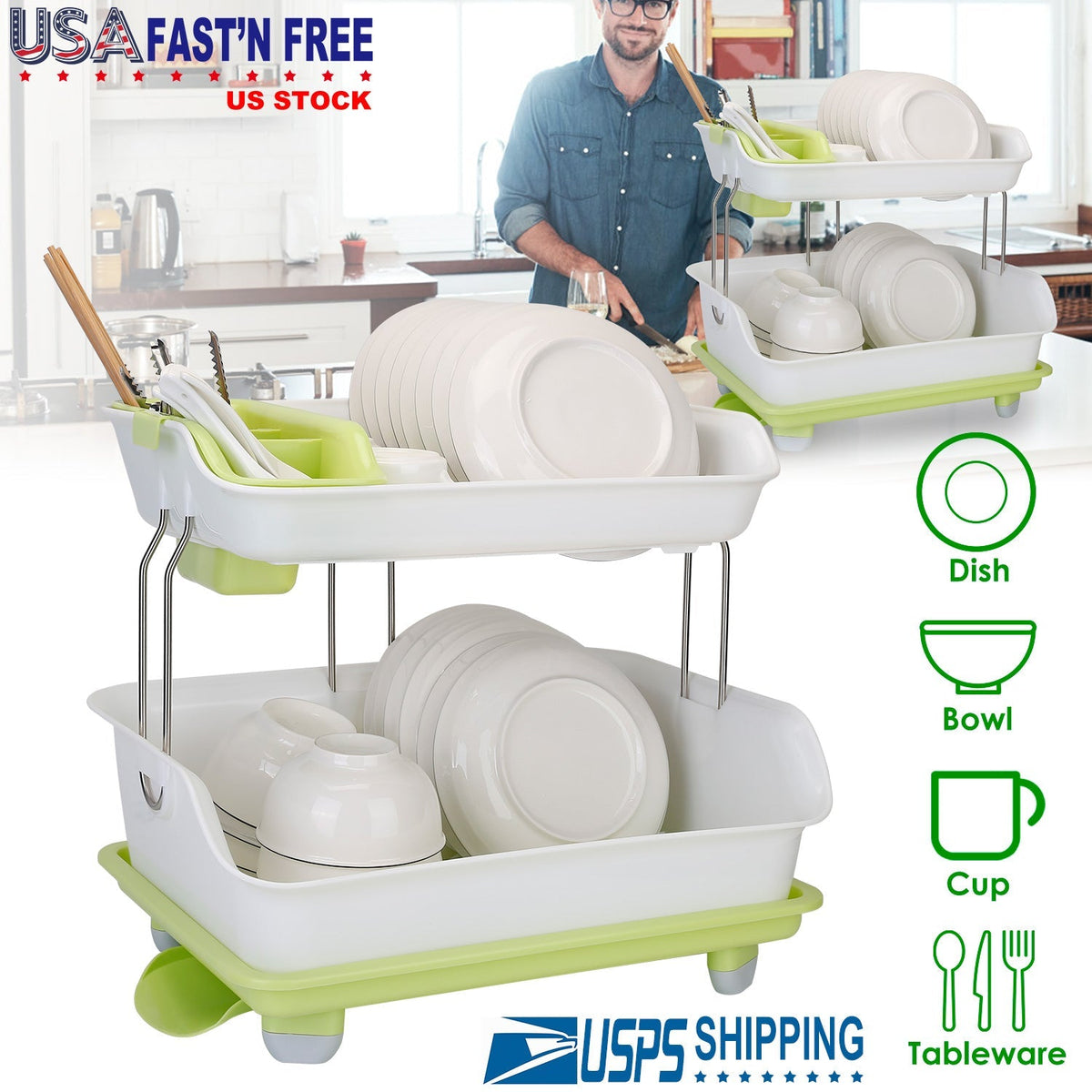 2-Tier Dish Drying Rack Cutlery Drainer Holder Kitchen Organizer Storage Shelf