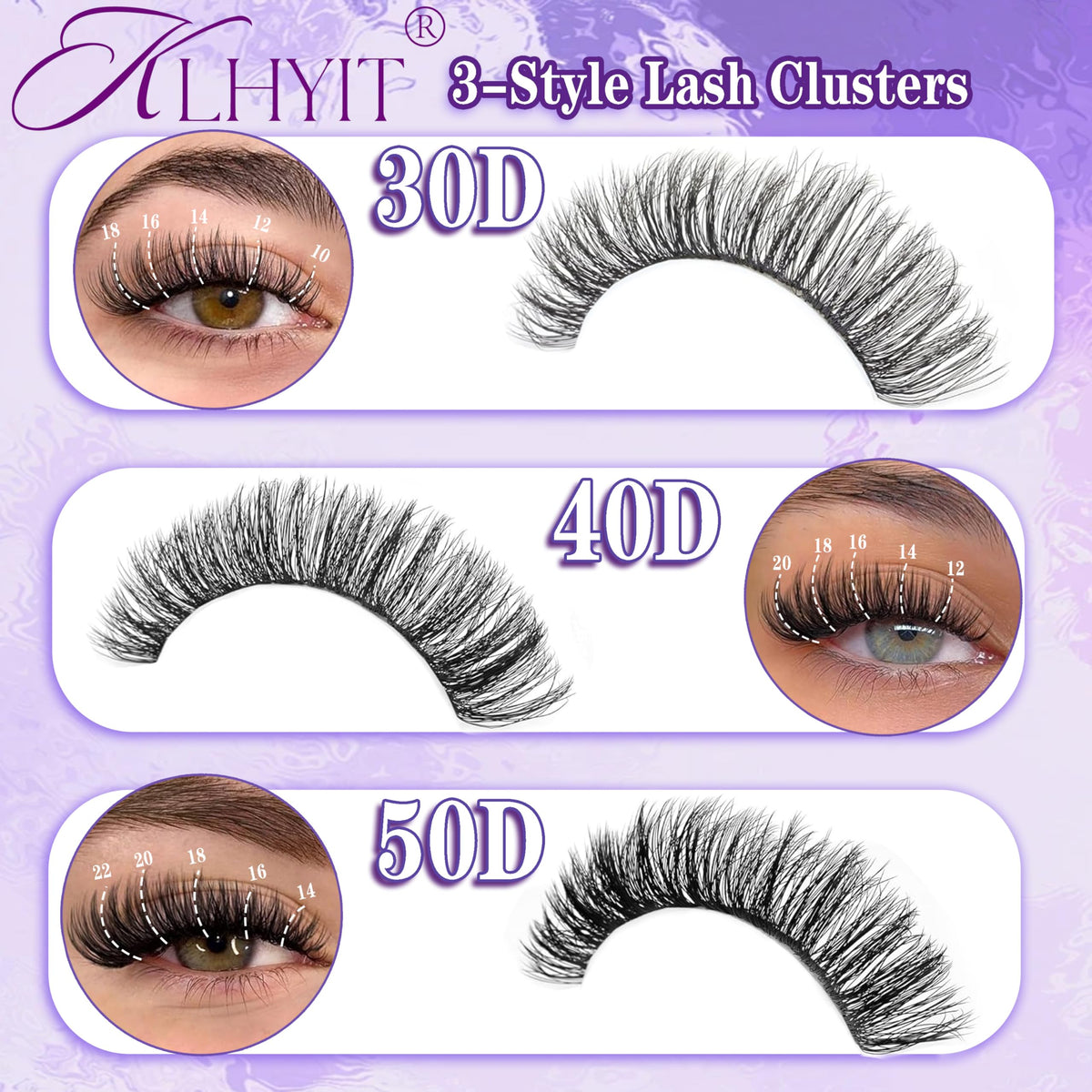 KLHYIT Racimos de pestañas Wispy 300 piezas 10-22mm mezcladas D C 30D-50D extensiones de pestañas