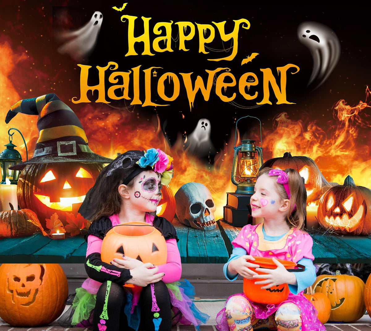 Telón de fondo de Halloween con fantasma, calabaza, llama y casa encantada, pancarta para fiesta de 6x4 pies