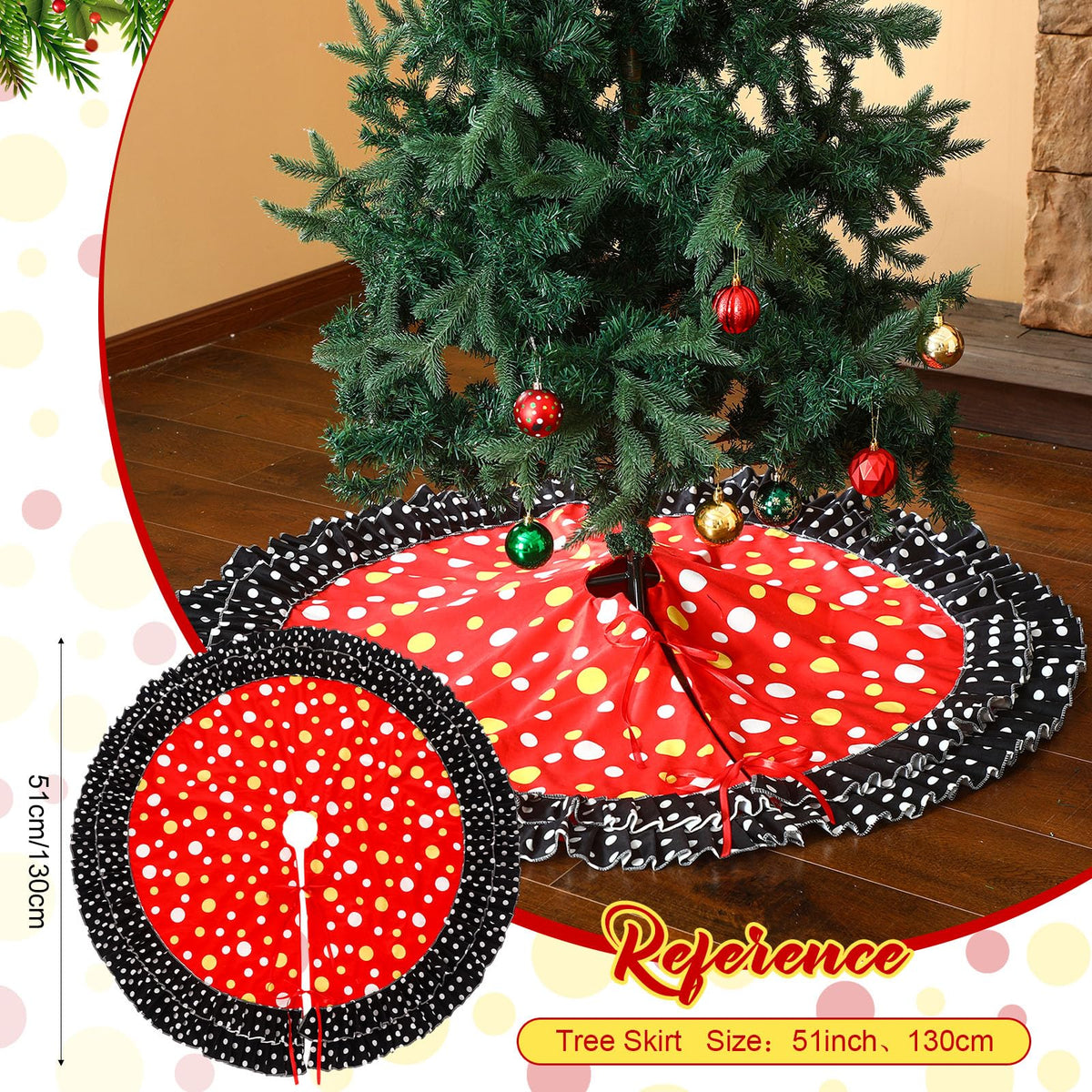 Falda para árbol de Navidad Soulchen de doble capa, color rojo, negro y amarillo con diseño de lunares grandes, 51"