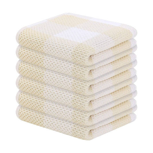 Homaxy Cotton Waffle Weave Check Plaid Dish Cloths 12x12 White Beige 6-Pack