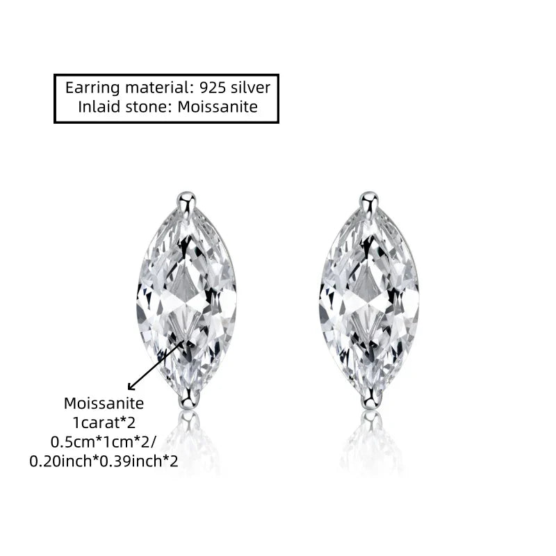 925 Sterling Silver 1ct Marquise Moissanite Stud Earrings Unisex Couple
