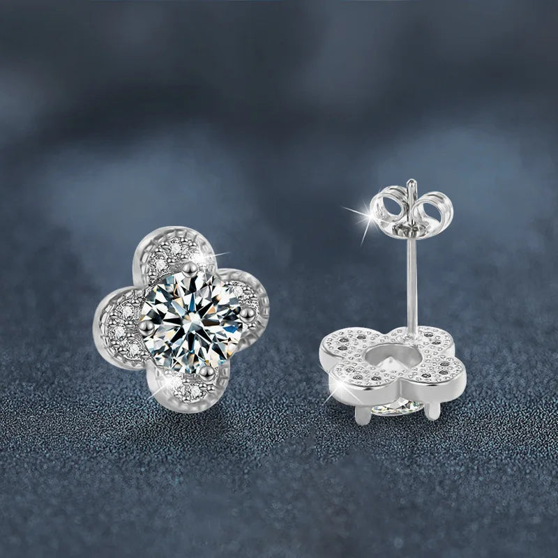 925 Sterling Silver 2ct Moissanite Four-Leaf Clover Stud Earrings Women