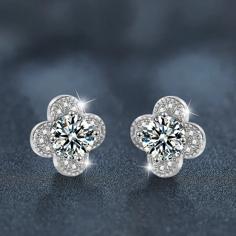 925 Sterling Silver 2ct Moissanite Four-Leaf Clover Stud Earrings Women