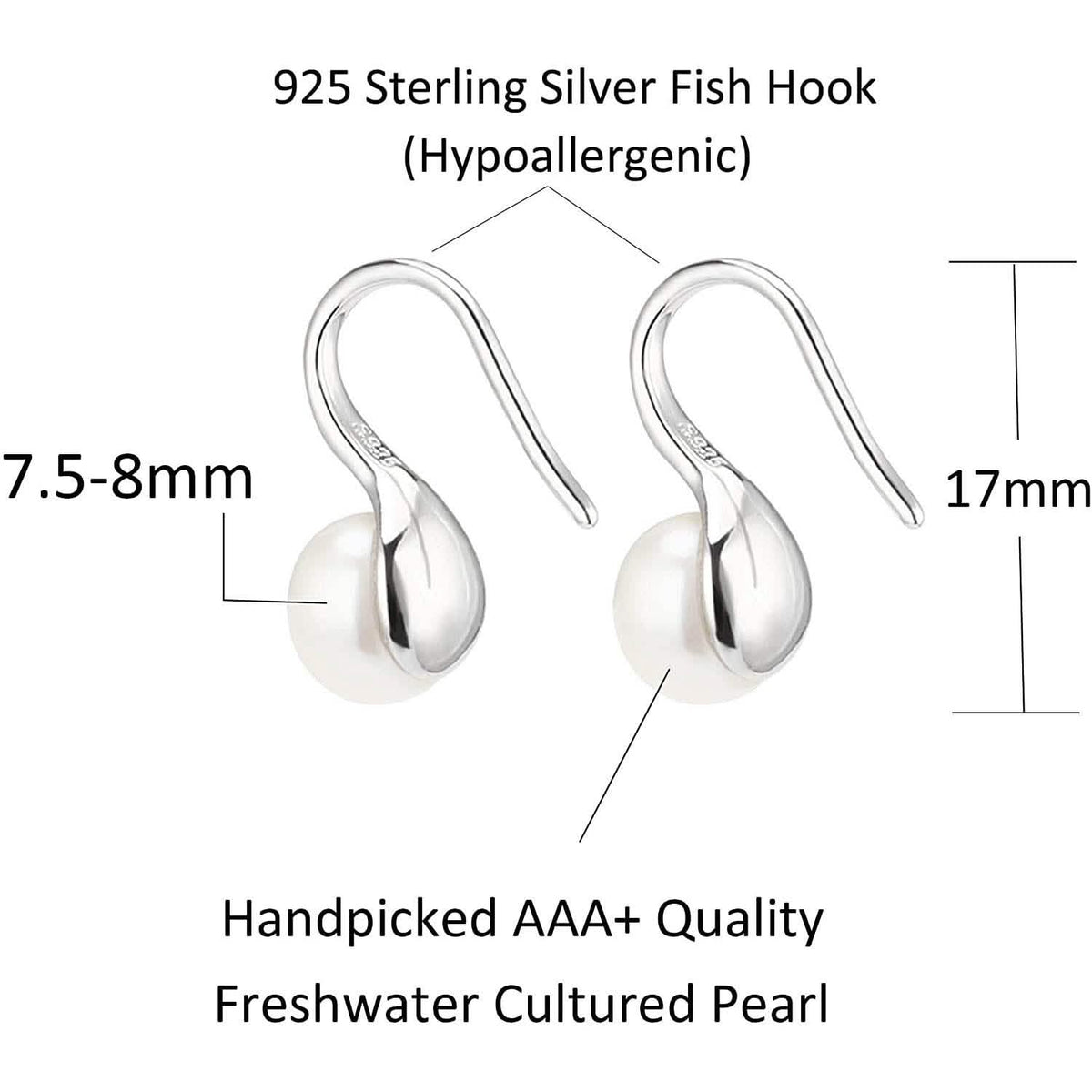 925 Sterling Silver 7.5-8mm White Freshwater Cultured Pearl Dangle Drop Earrings