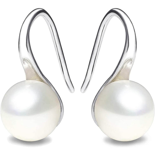 925 Sterling Silver 7.5-8mm White Freshwater Cultured Pearl Dangle Drop Earrings