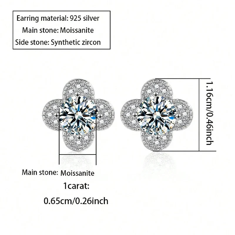 925 Sterling Silver 2ct Moissanite Four-Leaf Clover Stud Earrings Women