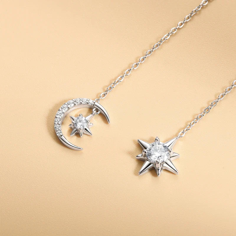 925 Sterling Silver Moissanite Star Moon Threader Earrings Asymmetric Drop
