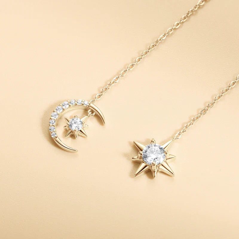 925 Sterling Silver Moissanite Star Moon Threader Earrings Asymmetric Drop