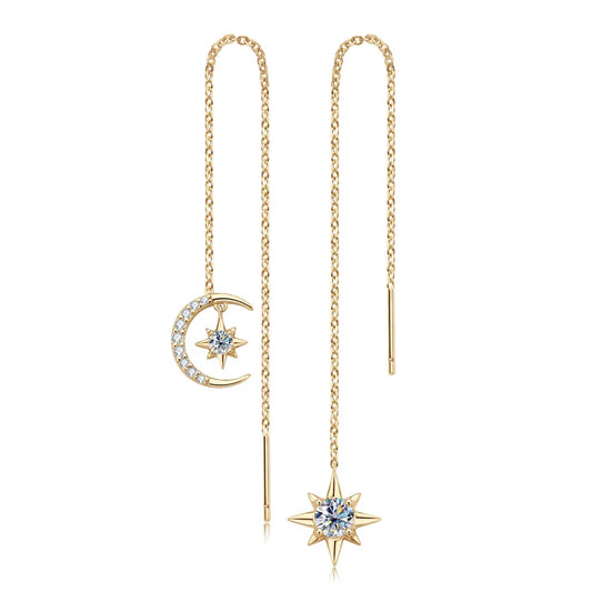 925 Sterling Silver Moissanite Star Moon Threader Earrings Asymmetric Drop