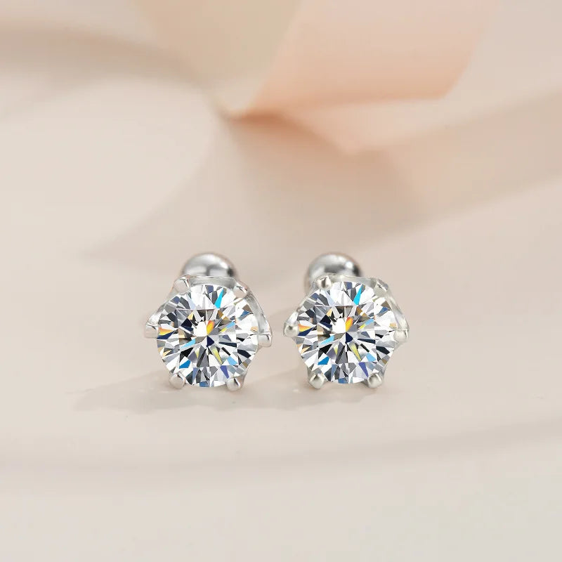 925 Sterling Silver Moissanite Stud Earrings 0.5-1ct Pair 6-Claw Screw Back