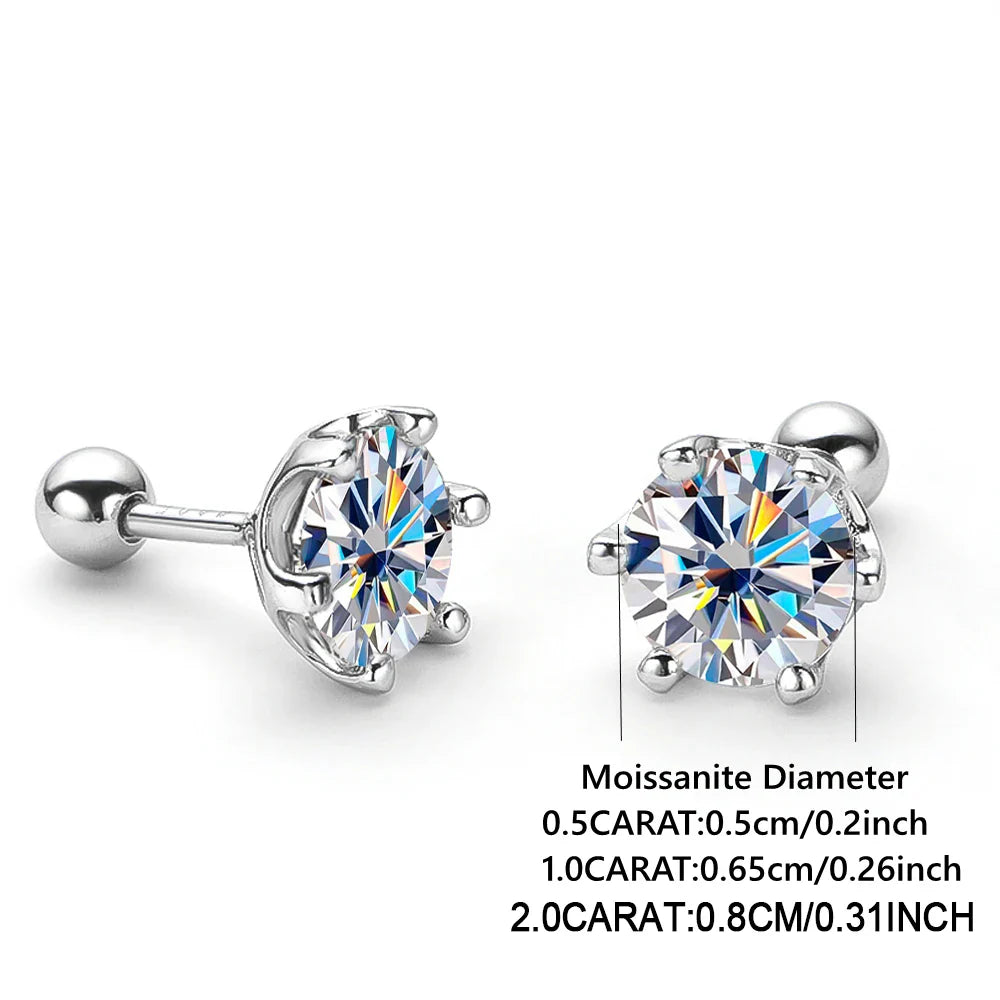 925 Sterling Silver Moissanite Stud Earrings 0.5-1ct Pair 6-Claw Screw Back
