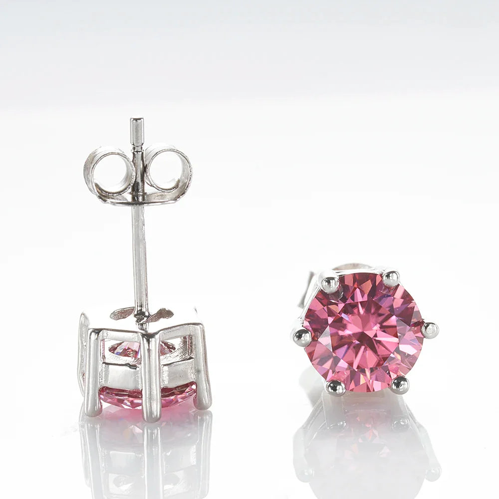 925 Sterling Silver Moissanite Stud Earrings Round VVS1 Pink Yellow Gift