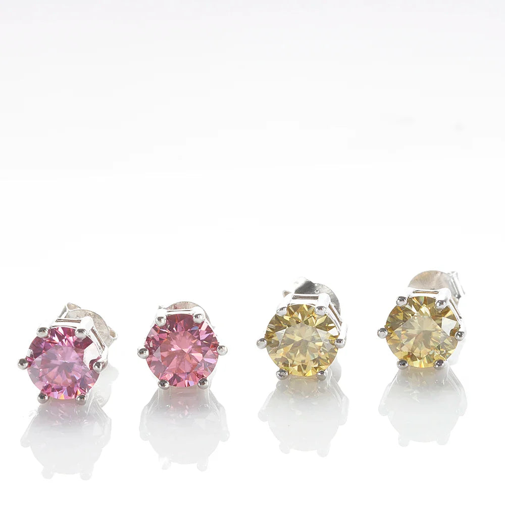 925 Sterling Silver Moissanite Stud Earrings Round VVS1 Pink Yellow Gift