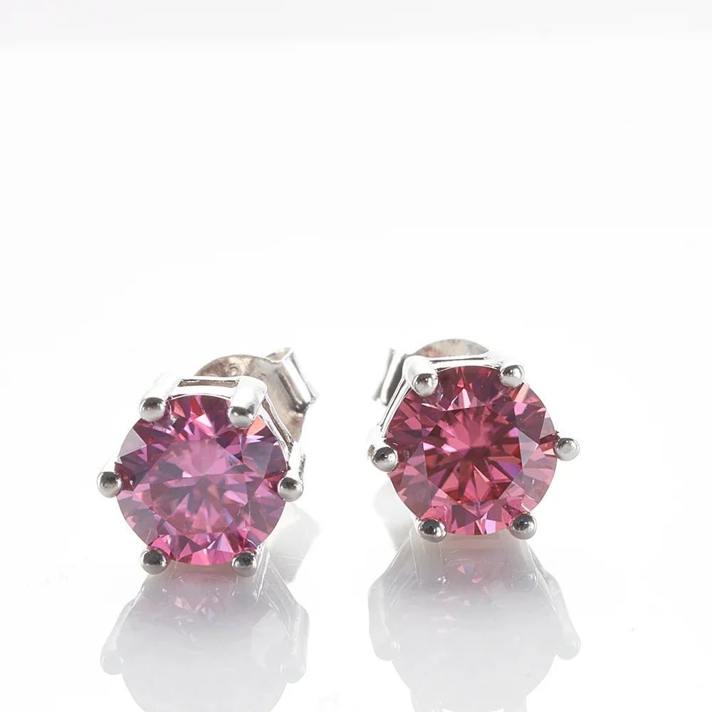925 Sterling Silver Moissanite Stud Earrings Round VVS1 Pink Yellow Gift
