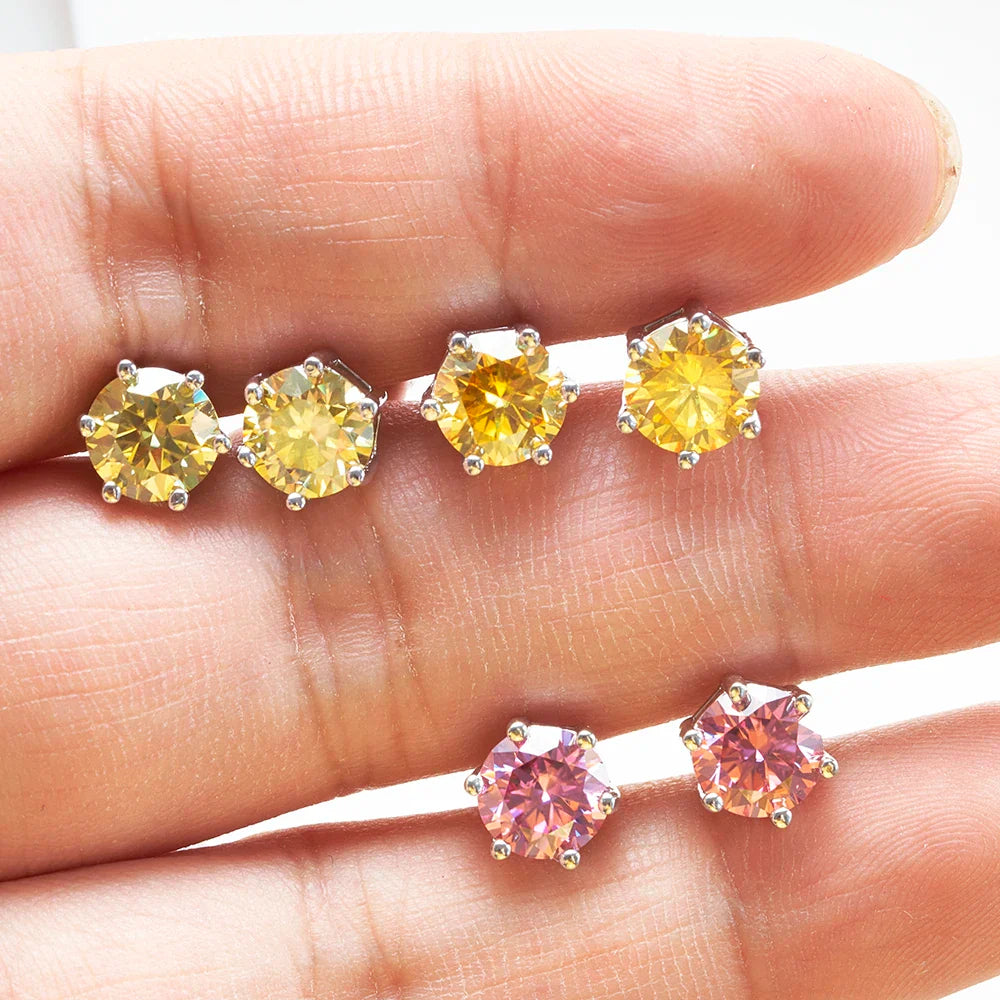 925 Sterling Silver Moissanite Stud Earrings Round VVS1 Pink Yellow Gift