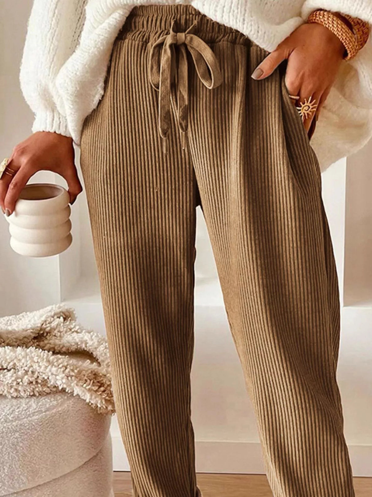 Casual Corduroy Drawstring Waist Pants