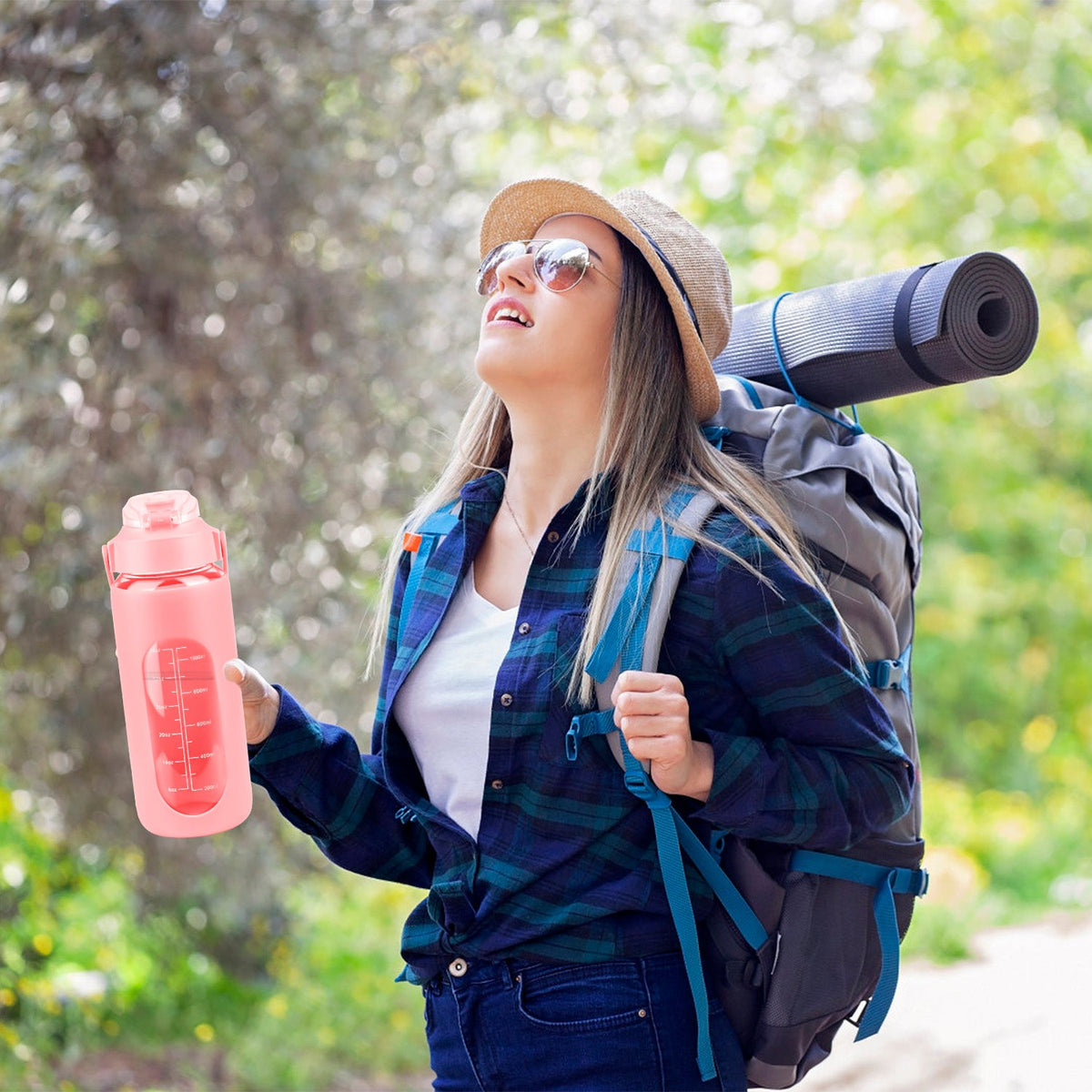 34Oz Glass Water Bottle Sports Water Bottle Motivational Water Bottle Water Intake Tracker Bottle with Straw Time Marker Silicone Sleeve Handle for Gy
