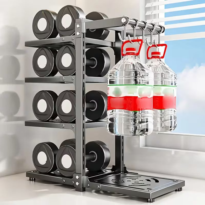 5-Tier Adjustable Carbon Steel Pot and Utensil Storage Rack with Hooks