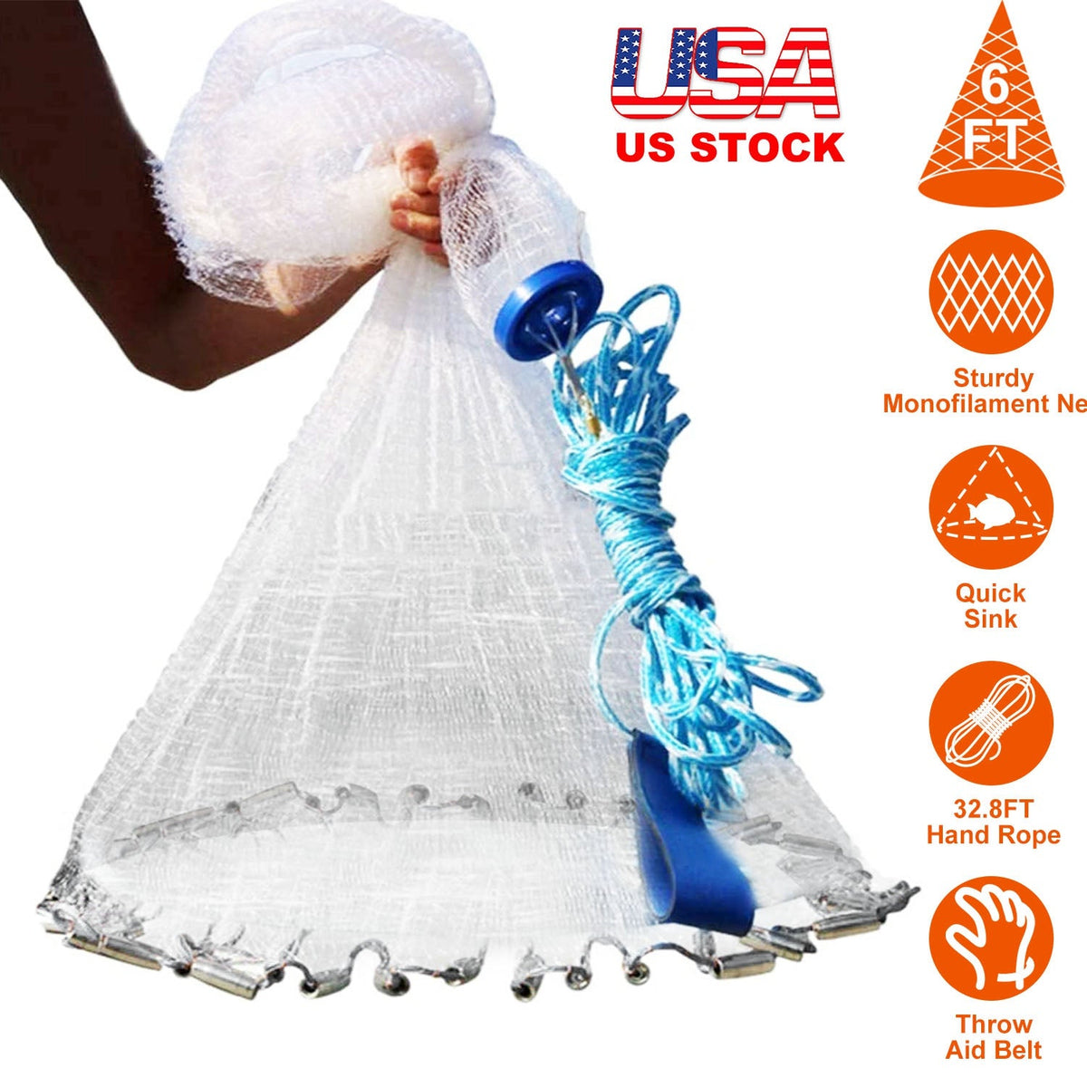 6ft Radius Fishing Cast Net Bait Trap Easy Throw Heavy Duty Hand Cast Net with Chain Sinker Bottom Spread