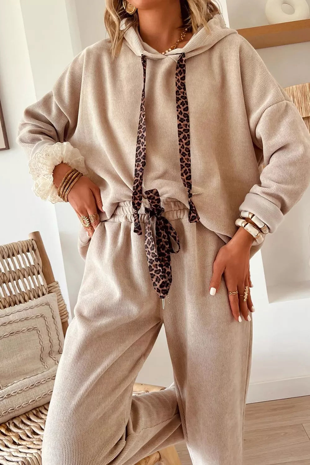 Leopard Drawstring Hoodie and Pants Set