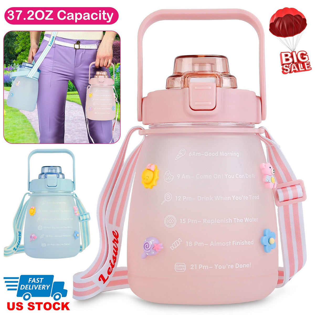 Kawaii Water Bottle with Straw 37.2oz Large Capacity Portable Sports Bottle with Cute Three-Dimensional Stickers
