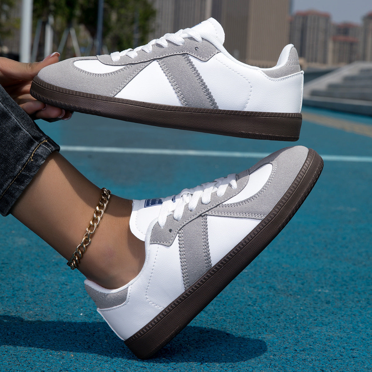 Womens Style White Lace Up Casual Sneakers With A Leopard Print Flat Sole