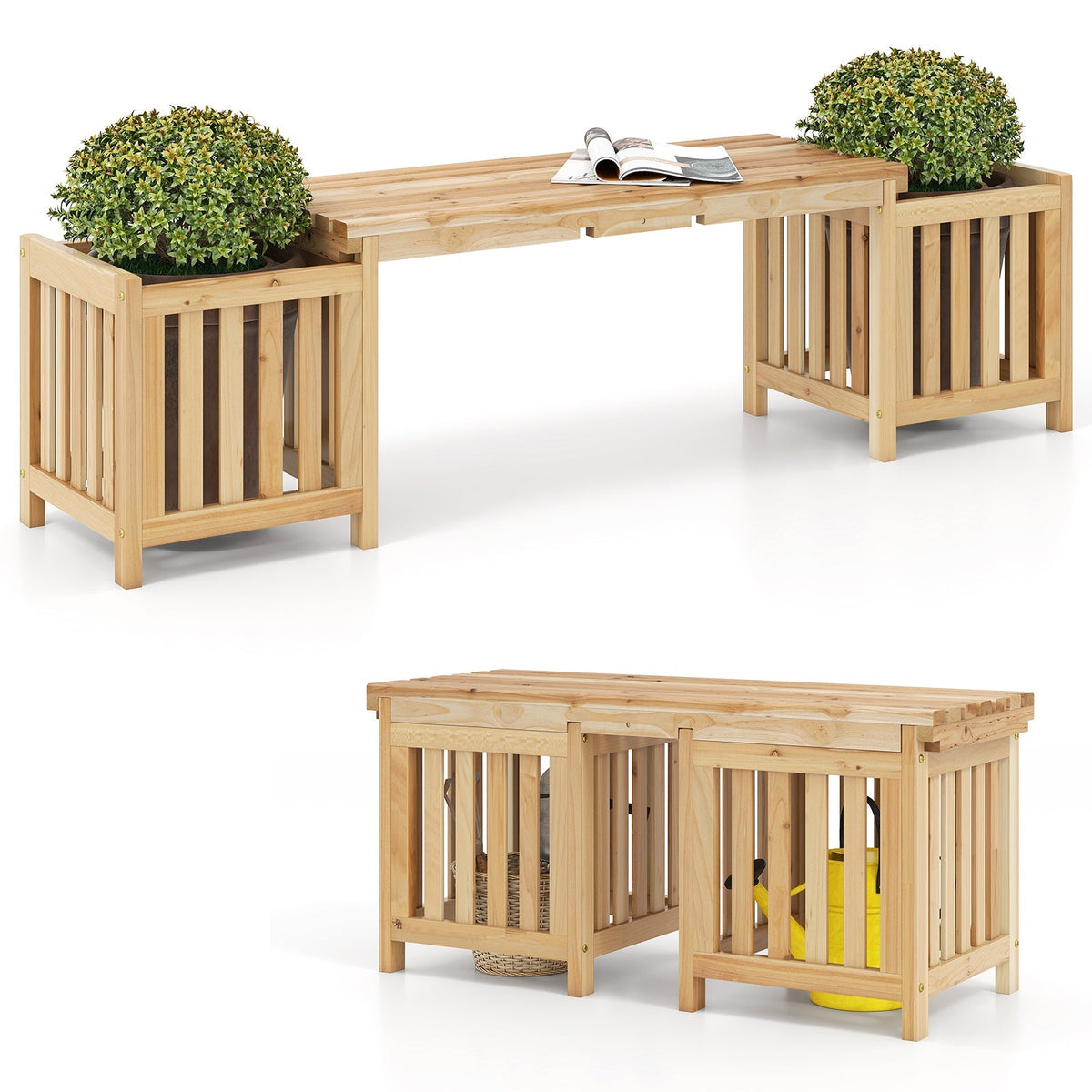 Patio Wooden Bench with Planter 2 Person Patio Bench-Natural