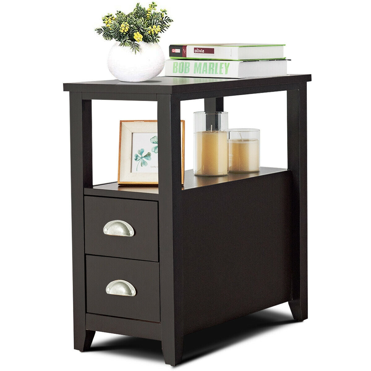 End Table Wooden with 2 Drawers and Shelf Bedside Table