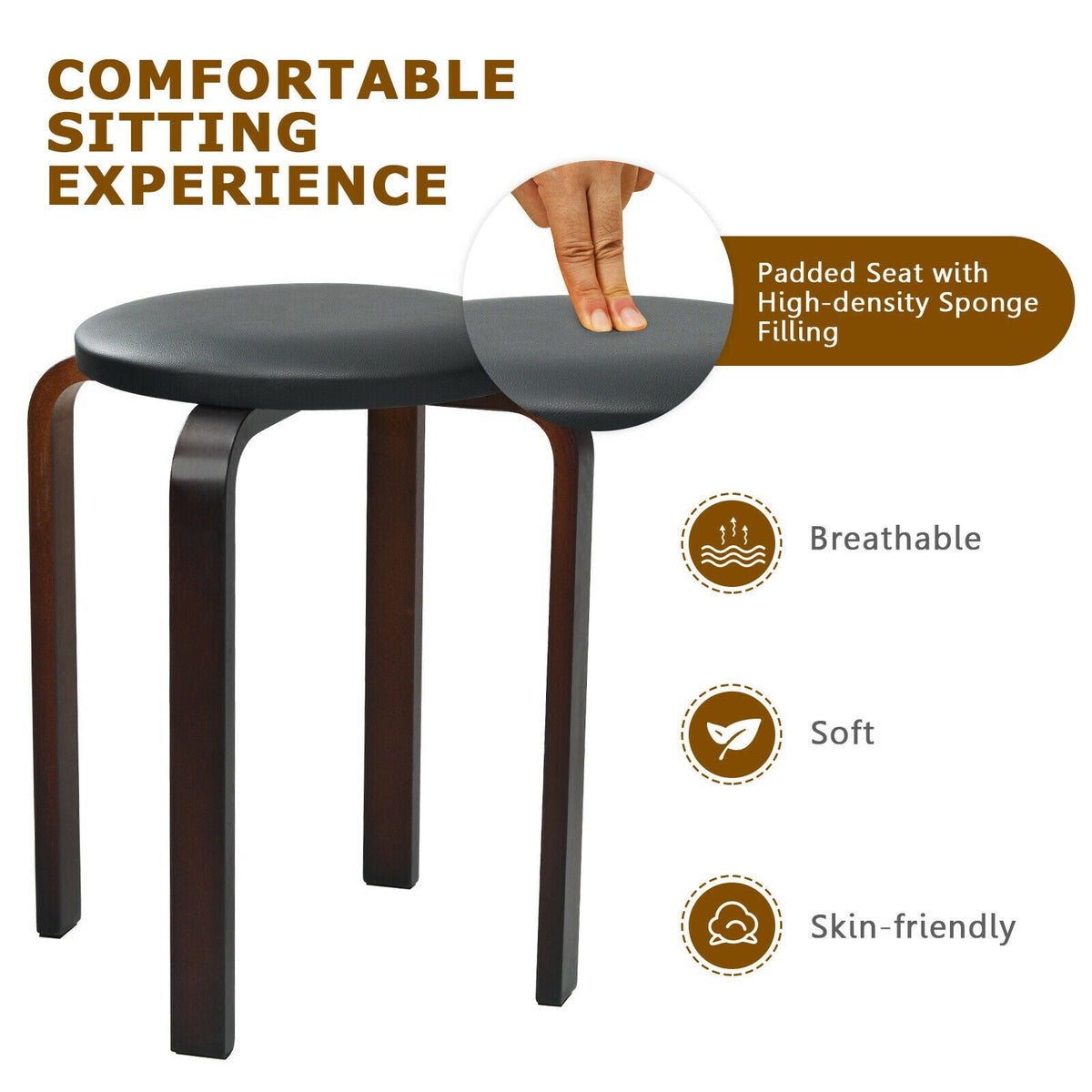 Set of 4 Bentwood Round Stool Stackable Dining Chairs with Padded Seat