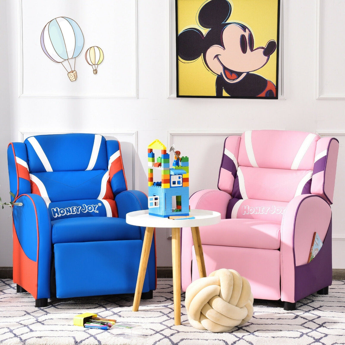 Sillón reclinable infantil de cuero con bolsillos laterales