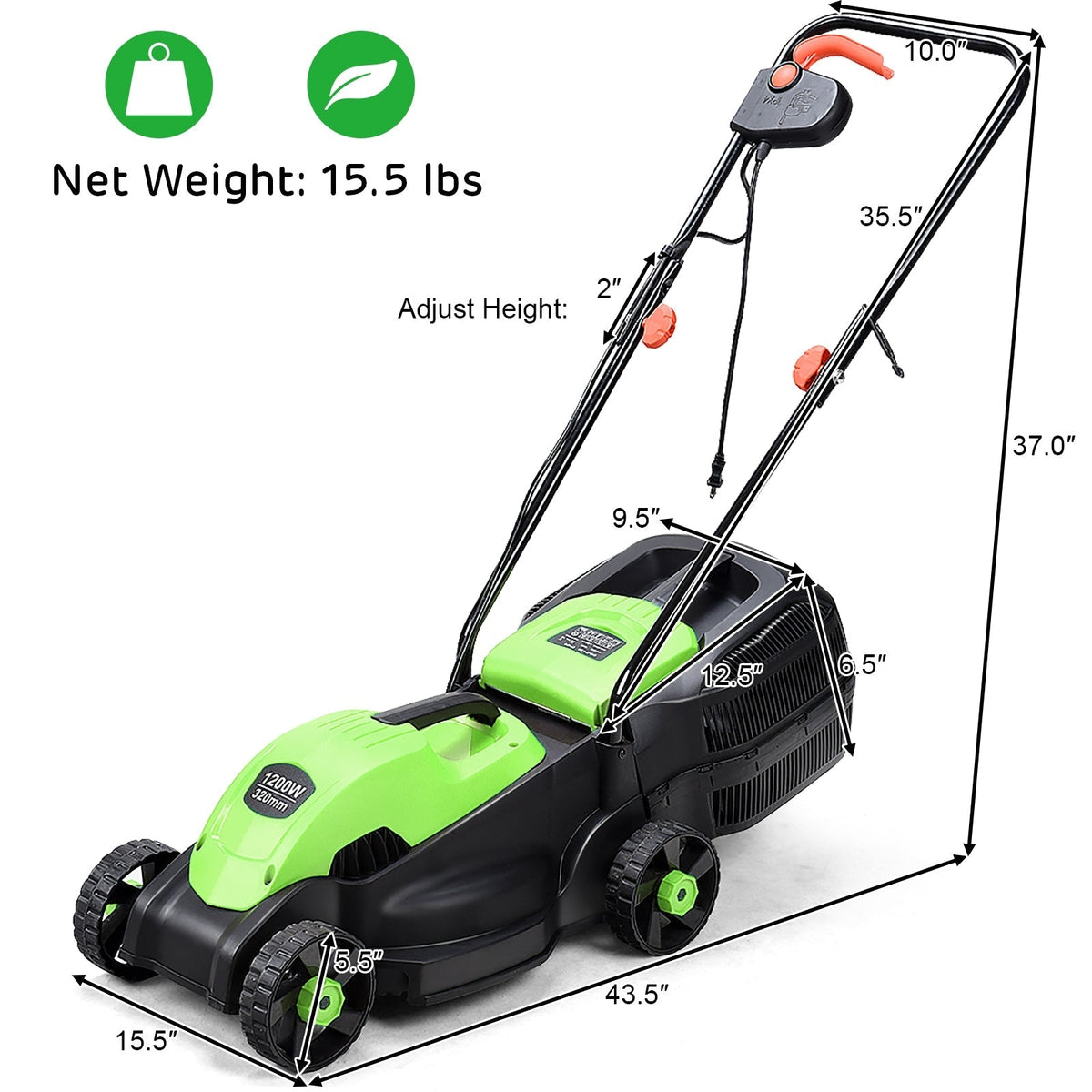 13 Inch Electric Push Lawn Corded Mower with Grass Bag