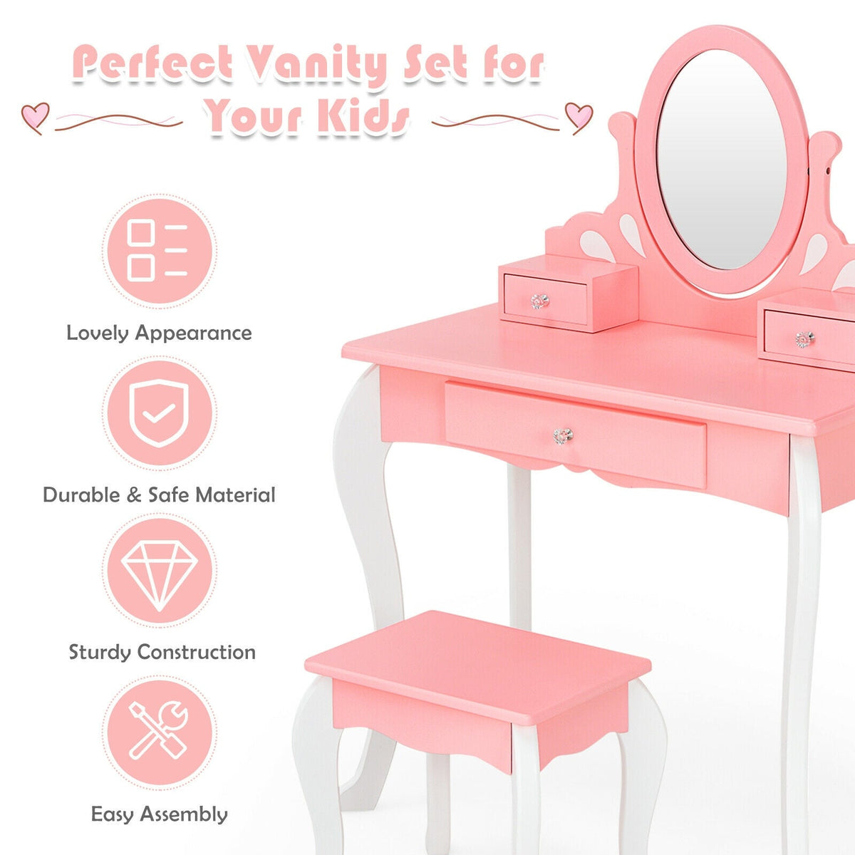 Kids Vanity Princess Makeup Dressing Table Stool Set with Mirror and Drawer