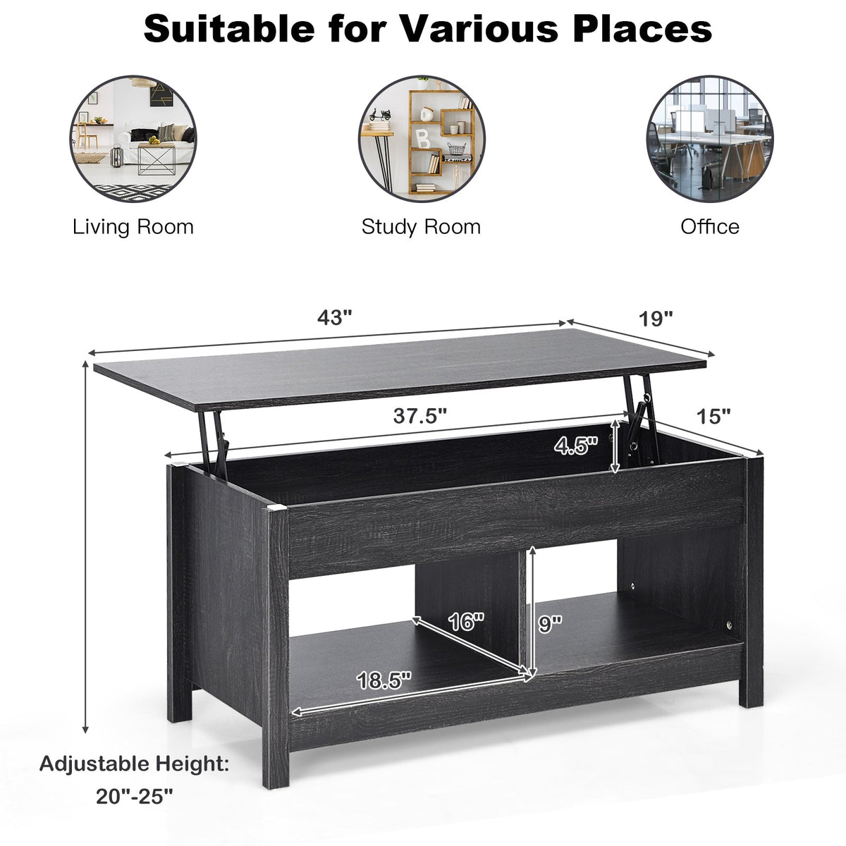 Lift Top Coffee Table with Hidden Storage Compartment and Lower Shelf for Study Room