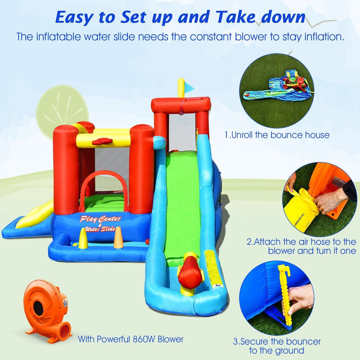 Castillo Hinchable Acuático Infantil 9 en 1 con Tobogán y Soplador de 860W