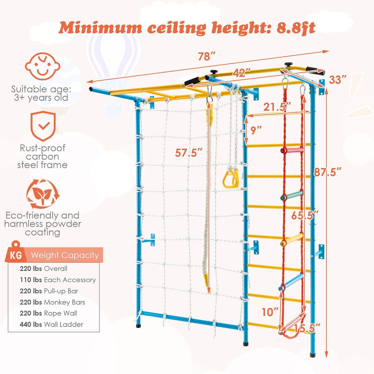 7 en 1 Parque de juegos infantil de interior para niños con escalera de pared sueca para pared sólida - Amarillo