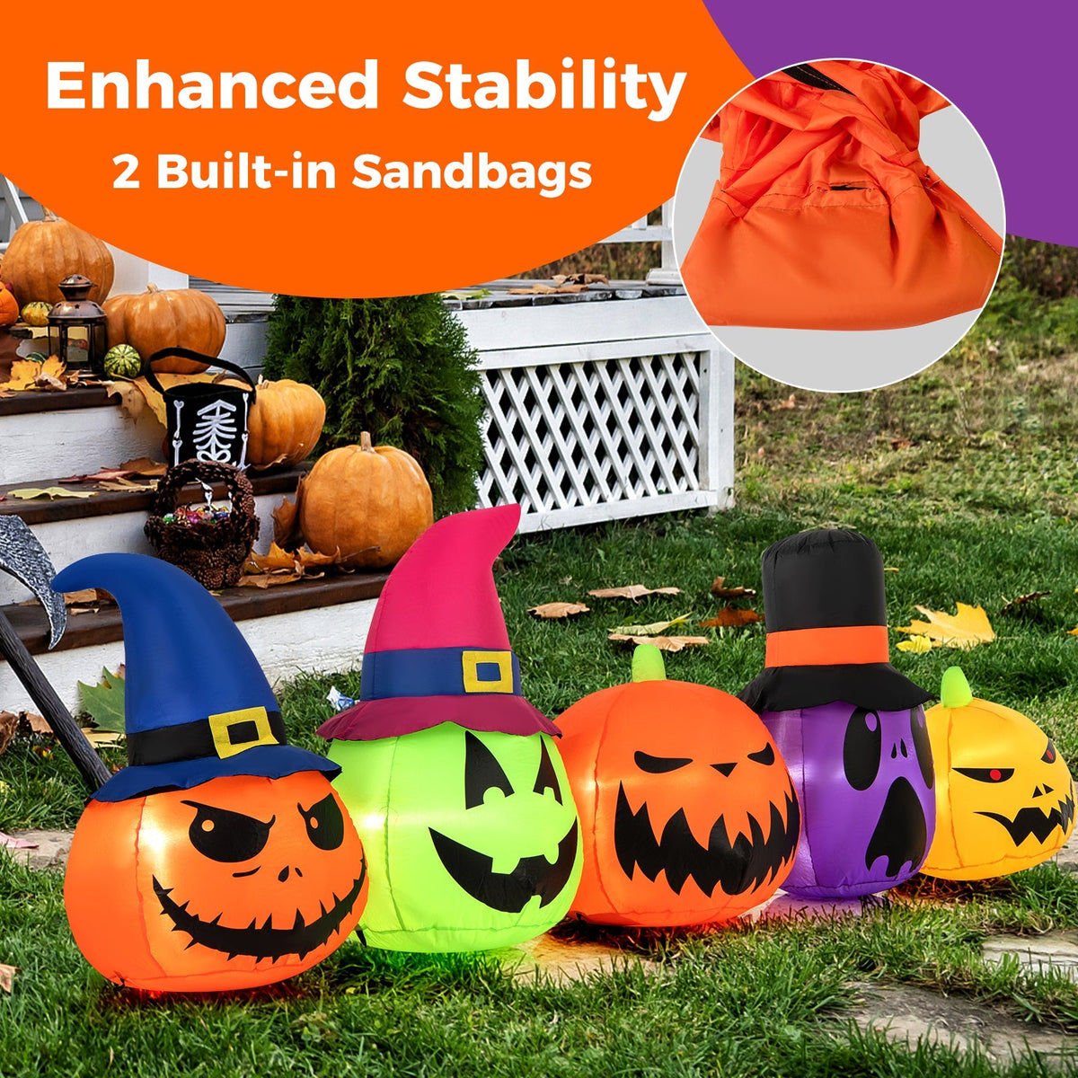 9 Feet Inflatable Pumpkin Patch Family with Built-in LED Lights and Witch Hats