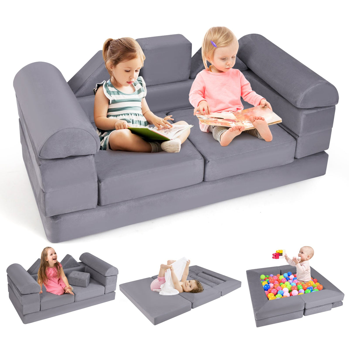 9-Piece Climb and Crawl Foam and Floor Playset with Breathable Suede Fabric-Gray